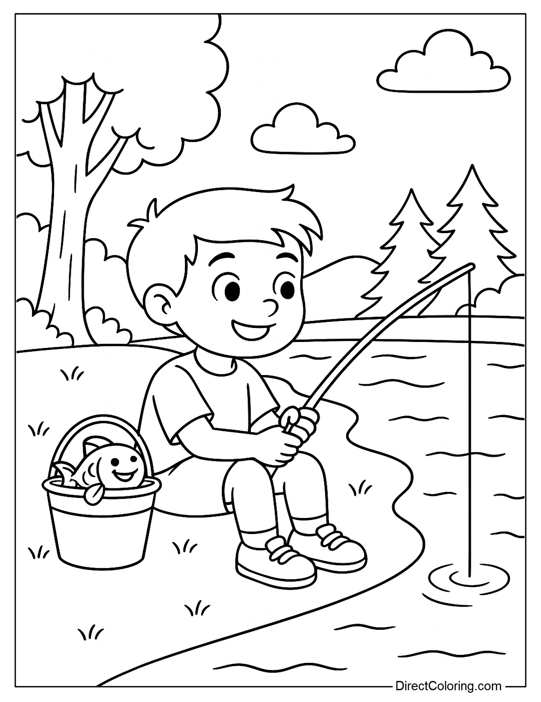 Coloring page of a boy fishing by a lake, with a bucket of fish laughing next to him.